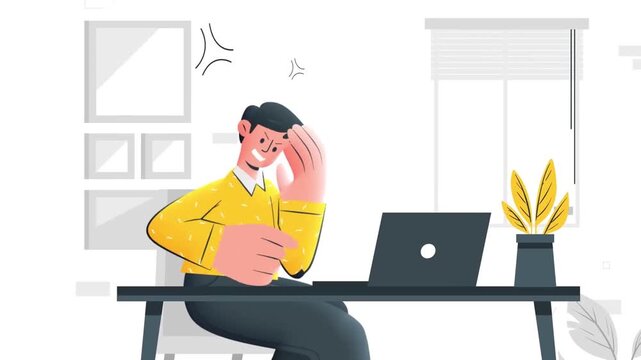 Stressed Corporate Employee Suffring from Headache and Migraine at Office Laptop Desk Animation