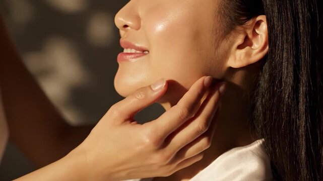 Young woman with glowing skin touches her chin in sunlight