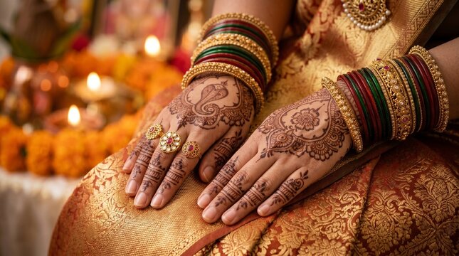 Indian woman hands with snake mehndi pattern and golden silk saree for Nag Panchami