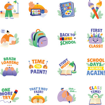 Flat sticker collection featuring focus, attendance, painting, classroom supplies, study motivation, writing, and educational learning activities. 
