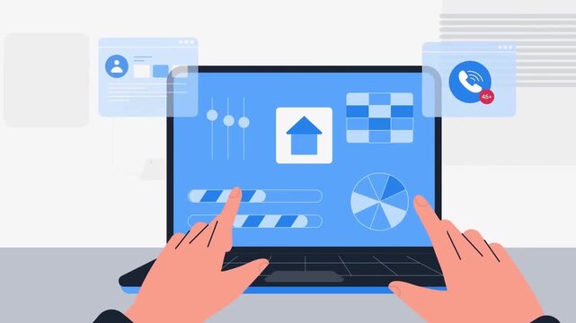 Hands Typing on Laptop Accessing Secured Cloud Data Management Interface Animation
