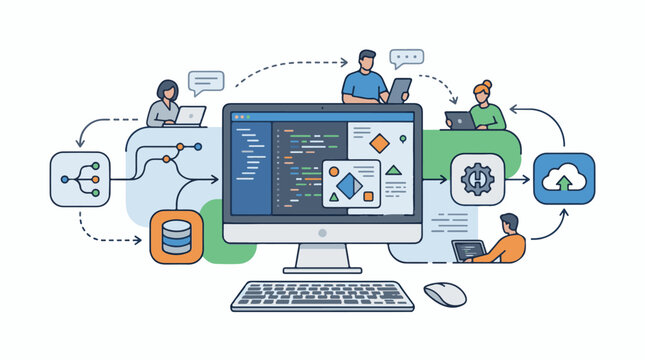 Illustration of people collaborating on software development with computer