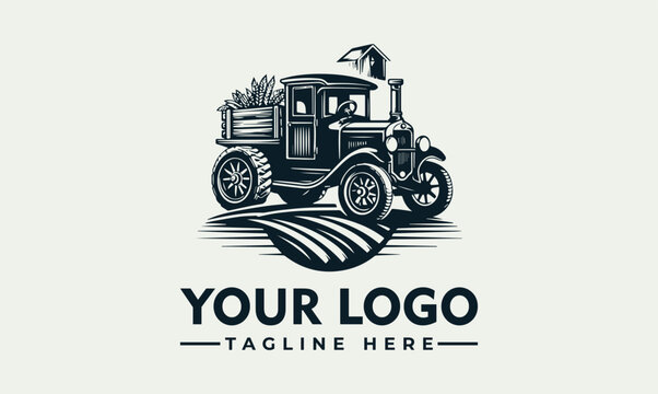 Vintage farm truck vector logo illustration for agriculture