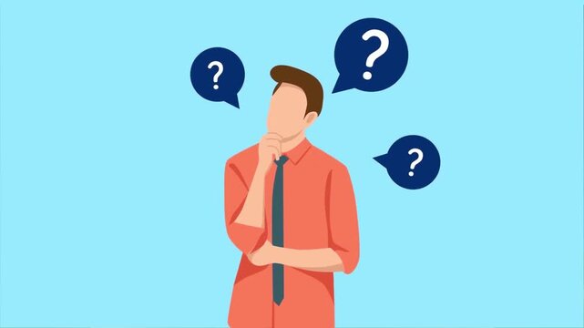 Pensive Businessman in Shirt and Tie Thinking with Floating Question Marks Animation