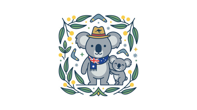 Cute Cartoon Koalas in Australian Theme with Decorative Floral Border