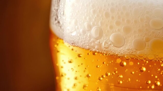 Close-up of golden beer with frothy head and rising bubbles in a glass