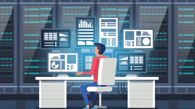 System Administrator Monitoring Servers on Multiple Screen Terminals Data Center Animation
