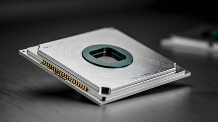 Fototapeta premium Precision aluminum chip with green anodized ring – Perfect for industrial hardware design, heavy-duty electronics, or technical documentation.