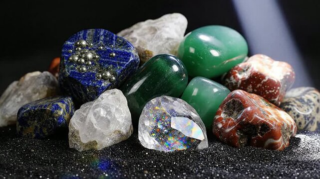 Macro Shot Of A Stunning Collection Of Raw Gemstones And Minerals Displaying Rich Textures And Vibrant Colors Against A Shimmering Black Background