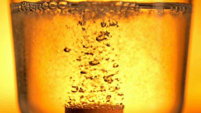 Macro Shot of Dissolving Effervescent Vitamin C Tablet in Clear Water with Bubbles on Vibrant Orange Background