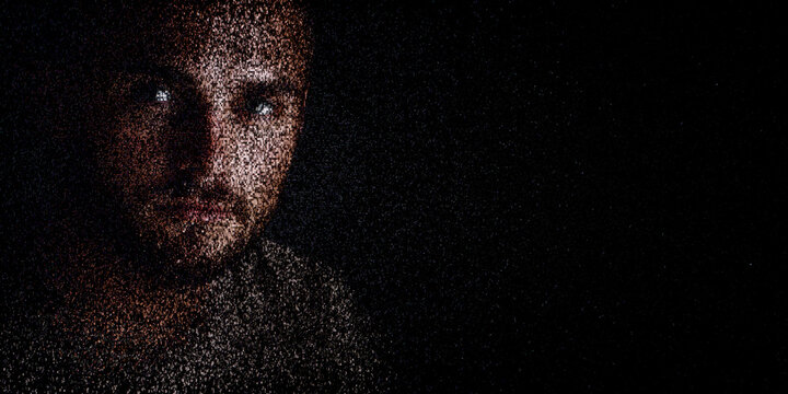 Digital ID Portrait of Man with Face made up of Code. Trust framework Concept with copy-space.