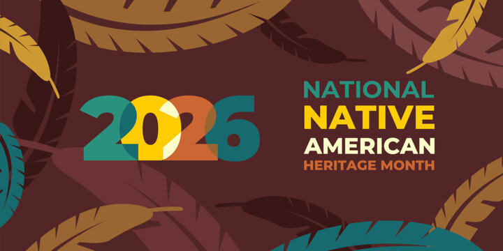 Native american heritage month 2026 greeting. Vector poster, content for social media with text Native american heritage month, november. Brown background with feathers