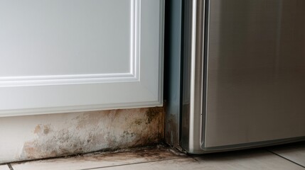 Fototapeta premium Mold grows on kitchen wall near refrigerator in a residential home