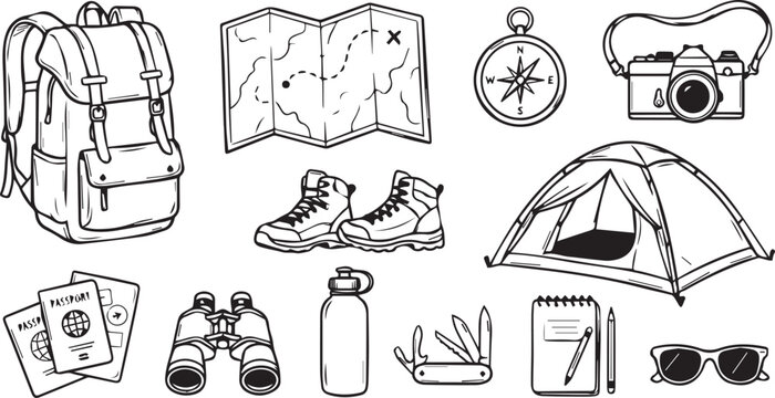 Set of hand drawn travel and camping equipment icons including backpack tent camera map and hiking boots