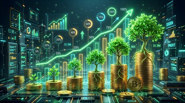 Digital growth concept with trees growing from stacks of golden coins and bar charts