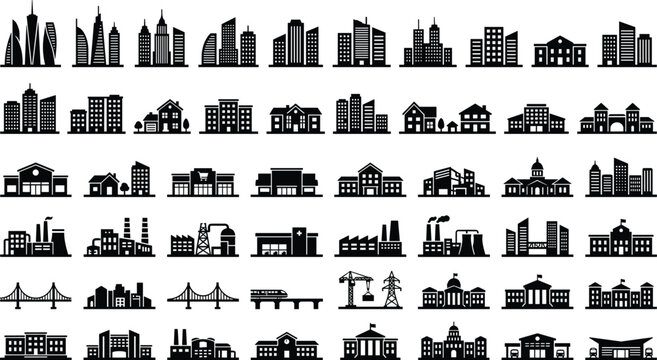 Black architectural elements silhouette bundle with commercial retail shops government capitols construction cranes and civil bridges