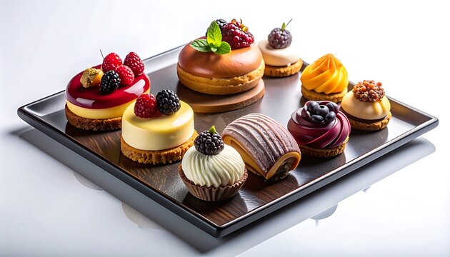 A tray of assorted desserts with berries and cream toppings