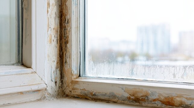 Mold and water damage on a window frame in a building during a rainy day