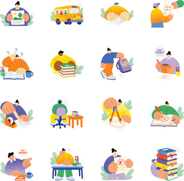 Flat educational sticker set with assignments, school transport, crafts, writing, books, attendance, questionnaires, and classroom achievements. 

