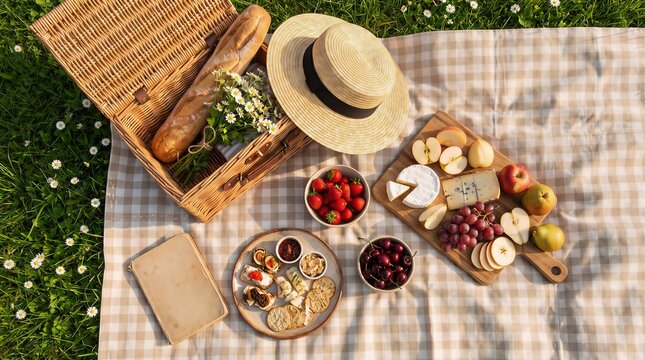 Aesthetic summer picnic setup with wicker basket and charcuterie board on a gingham blanket on lush green grass outdoors relaxing lifestyle baguette strawberries