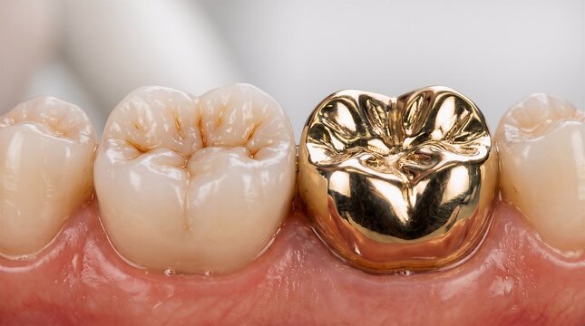 Extreme close-up of a gold dental crown contrasted with adjacent natural teeth in a dental model representing high-quality restorative dentistry, restoration