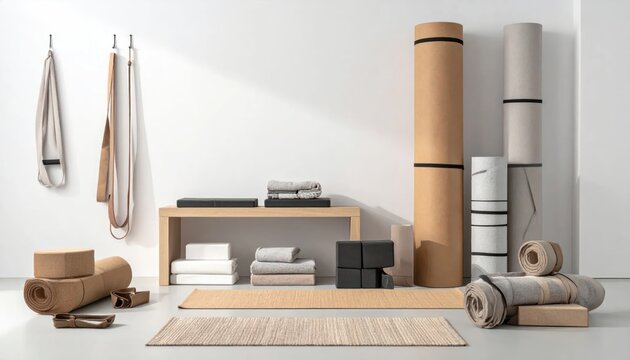 Serene Yoga Studio Setup with Natural Materials and Accessories.