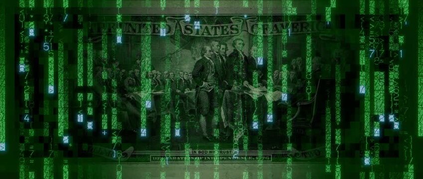 Electronic Currency Concept with Two Dollar Bill made from Animated Code. Blockchain Banking Wallpaper.