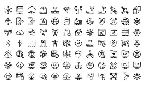 Network Communication Thin Line Icons Set with Broadband Connection and Technology Symbols