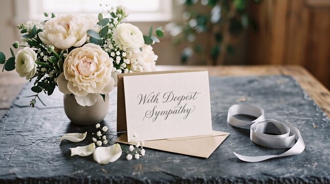 Sympathy card with flowers and ribbons for funeral condolences sympathy condolence memorial bereavement mourning stationery serenity arrangement kindness