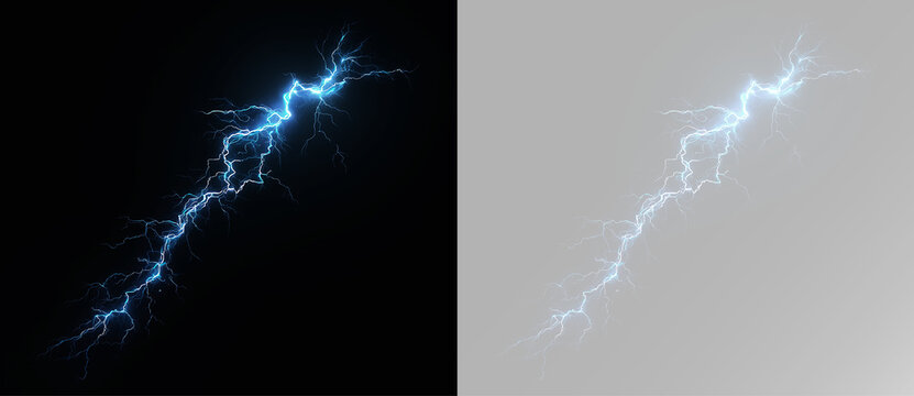 Glowing blue lightning bolt with electric charge, powerful energy surge and dramatic thunderstorm discharge