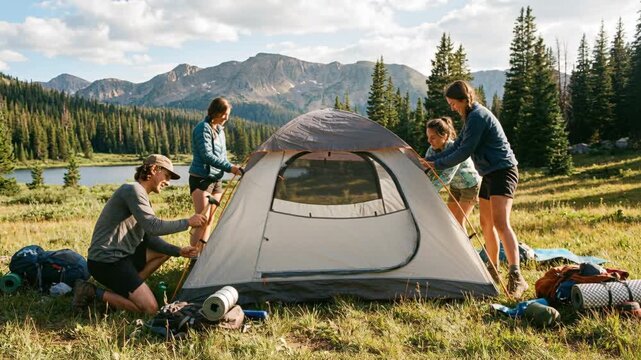 Group of friends setting up a tent together in a mountain valley during a camping trip, teamwork and outdoor lifestyle