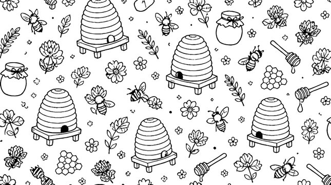 Hand drawn bee hive and flower pattern illustration.