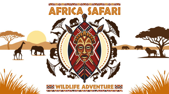 Africa safari adventure poster featuring tribal mask and wildlife.