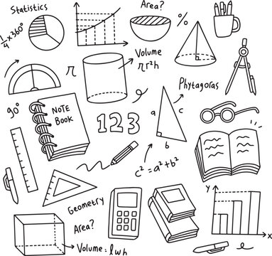 Hand Drawn Mathematics Doodle Set with Geometry, Statistics and School Supplies Vector Illustration