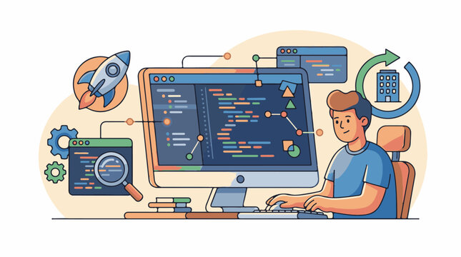 A man in blue t-shirt working on computer with coding and design elements around