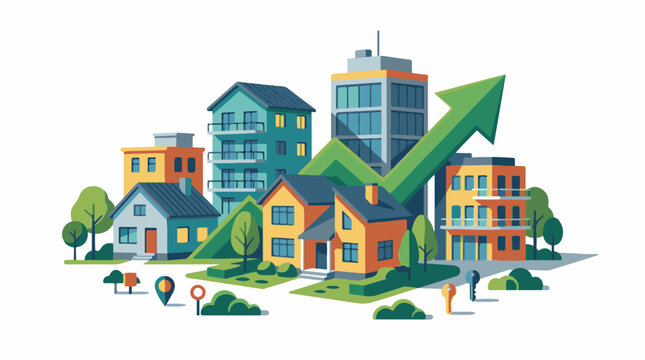 Colorful illustration of a growing neighborhood with houses and a rising green arrow
