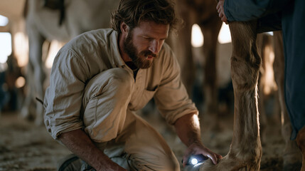 Obraz premium A veterinarian kneels on a barn floor examining a lame horse's hoof, flashlight gripped in teeth, assistant holding the horse steady, capturing rural veterinary care, animal