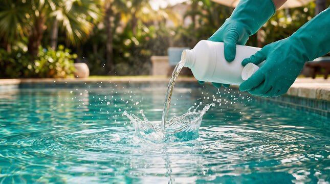 Hands in turquoise gloves pouring liquid chemical into swimming pool water, pool maintenance and care, outdoor leisure, water treatment, sunny day, clear blue water.