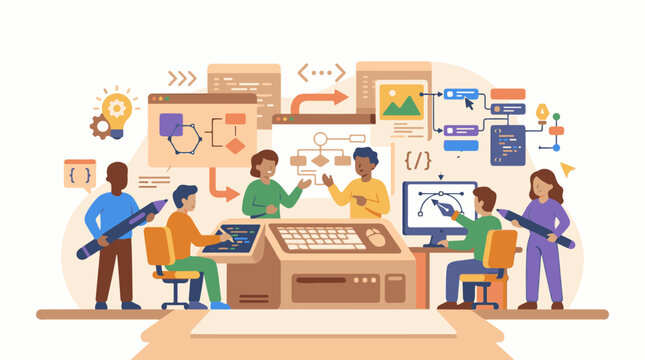 A group of people working at a large computer surrounded by software development flowcharts