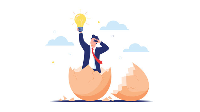 Visionary leader emerges from a giant cracked eggshell holding a light bulb and using binoculars, symbolizing a fresh start for innovation.