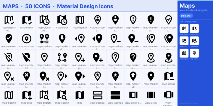 Flat maps icon collection with location pin, GPS navigation and route planning symbols clean modern vector set