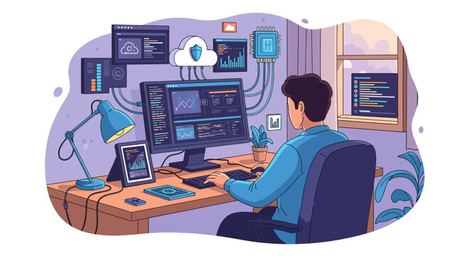 Programmer working on computer coding in office workspace.