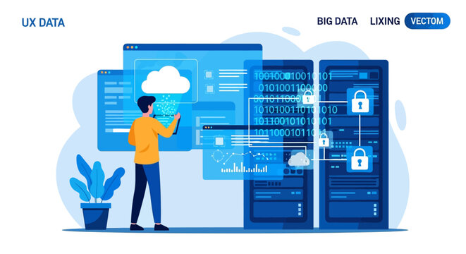 Man interacting with big data and cloud computing systems.