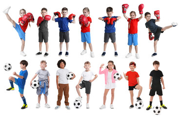 Fototapeta premium Children participating in different sports classes. Collection of portraits on white background