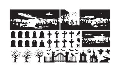 Obraz premium Set of Halloween graveyard, tombstone, and cemetery landscape silhouettes