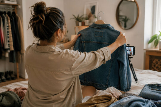 Woman shows off a denim jacket on video call