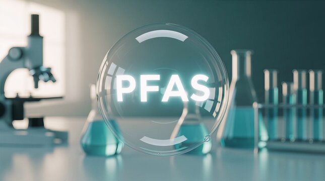 Scientific research on pfas chemicals depicted as glowing floating glass sphere in laboratory setting with blurry microscope and beakers surrounding equipment for analytical concepts.