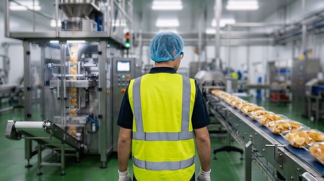 Quality control inspector holding package of potato chips in snack factory with packaging production industrial manufacturing conveyor processing automated