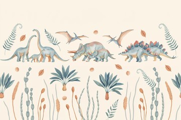 Naklejka premium Watercolor seamless border with cute dinosaurs, pterodactyls, palm trees, and prehistoric plants on a light cream background, for nursery decor