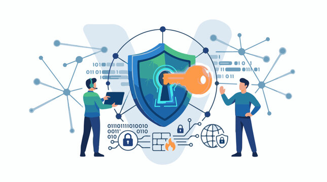 Illustration of two men working on cybersecurity with a shield and key